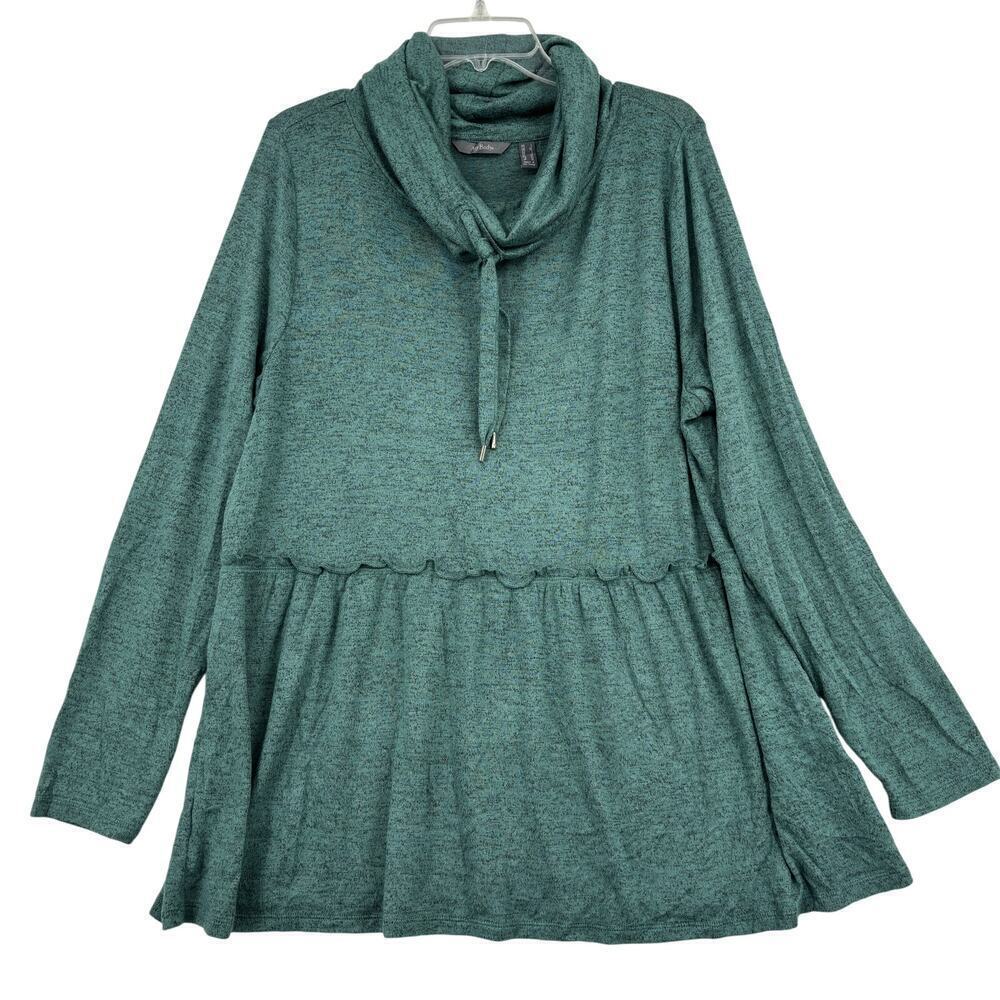 AnyBody Peplum Tunic Top Womens Size L Pine Green Brushed Hacci Cowl Neck